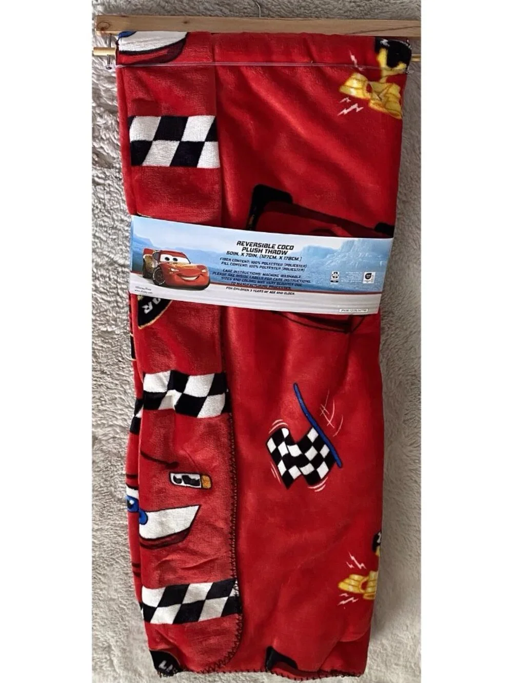 DISNEY Pixar CARS LIGHTNING MCQUEEN Reversible Coco Throw Blanket 50 X 70” NEW